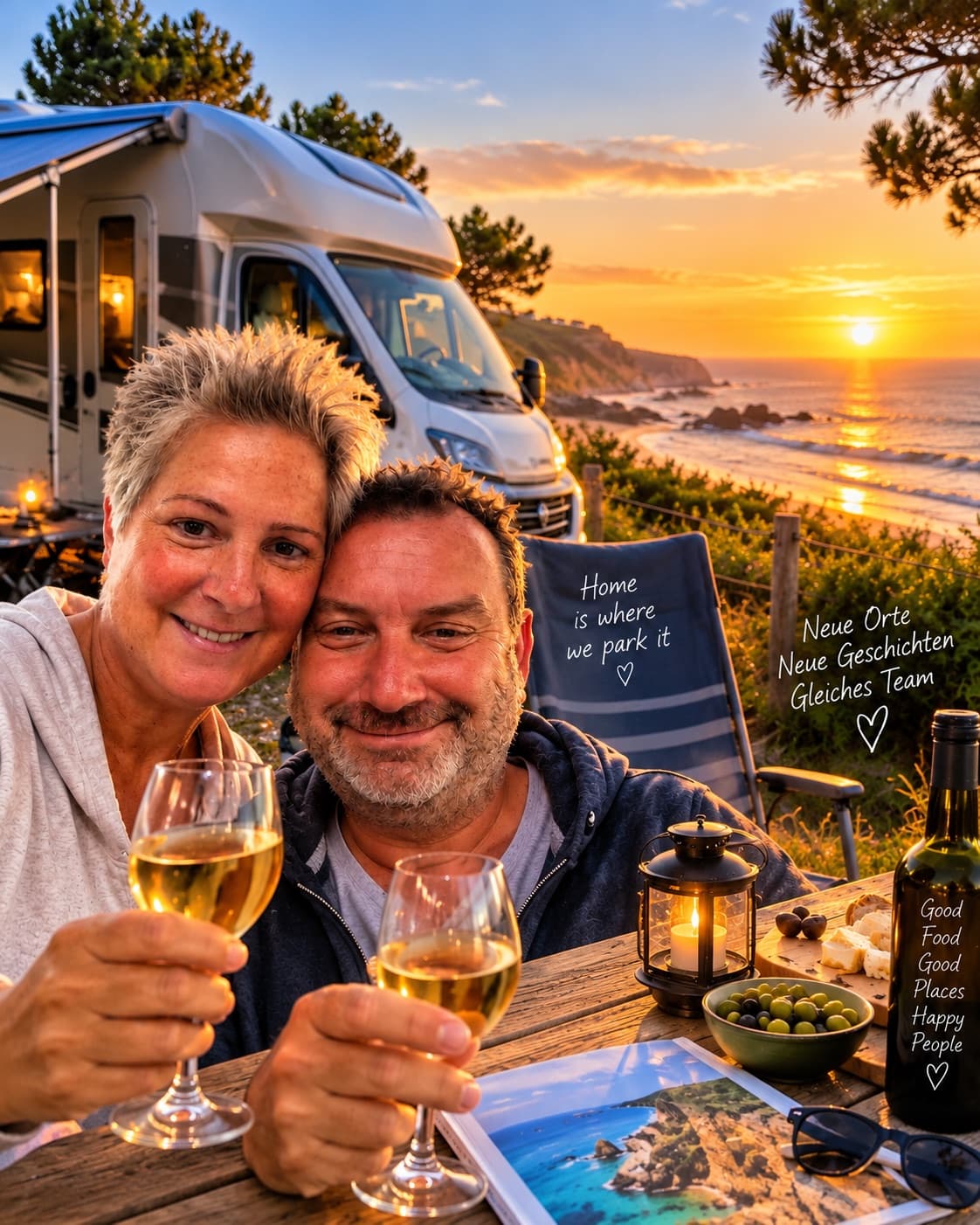 Wir beide mit Wein vor dem Wohnmobil an der Atlantikküste bei Sonnenuntergang